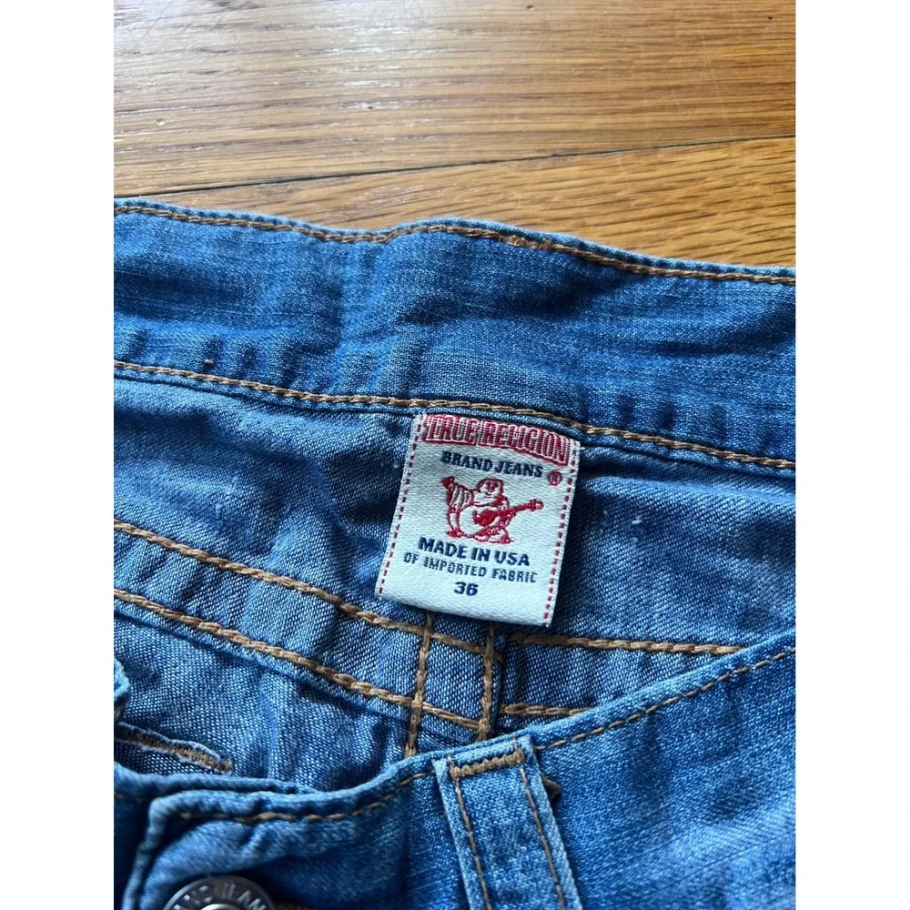 True Religion Mens Blue Denim Cutoff Shorts Size 36 Made in USA Horseshoe Pocket